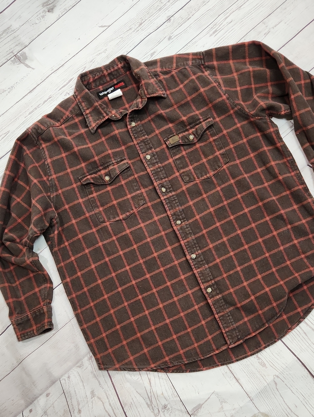 Wrangler Brown with Rust Grid Plaid Button-Down Shirt